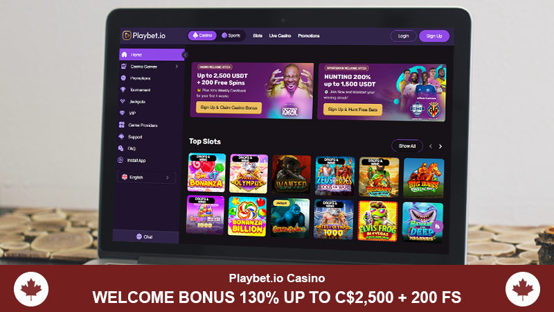 Playbet.io Casino main page with a welcome bonus banner