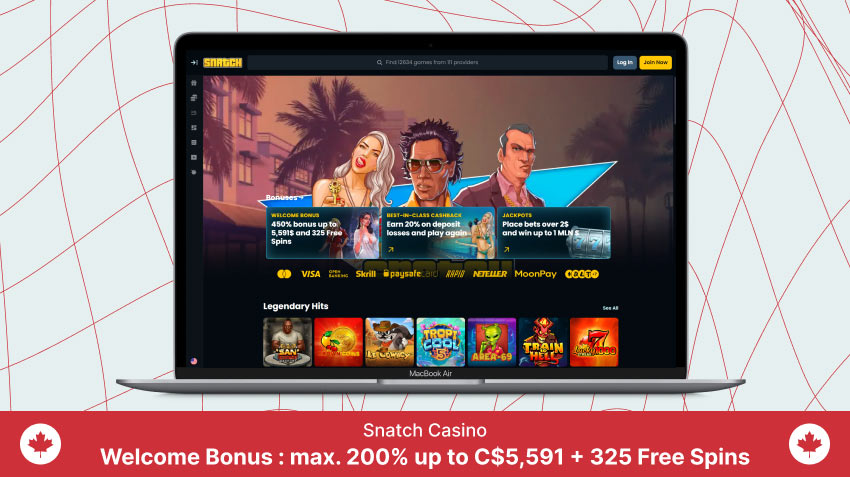 Snatch Casino homepage on a laptop screen
