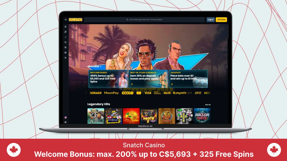 Snatch Casino homepage on a laptop screen