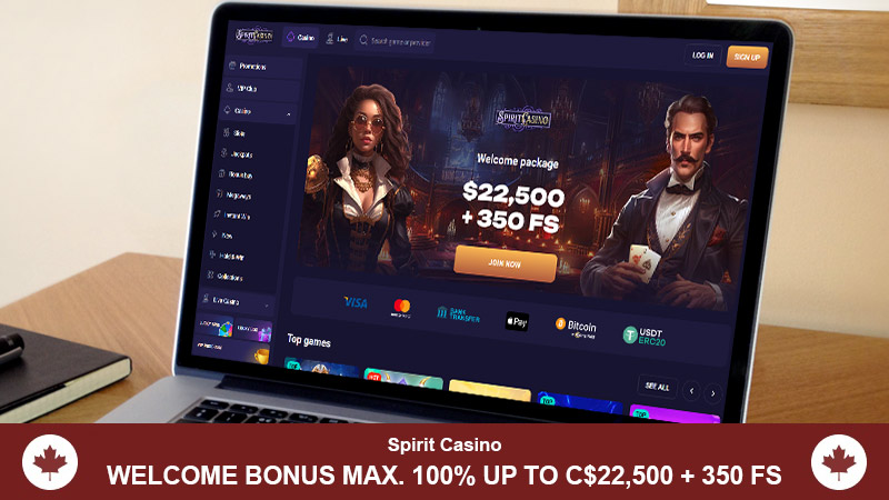 Spirit Casino main page with a welcome bonus banner