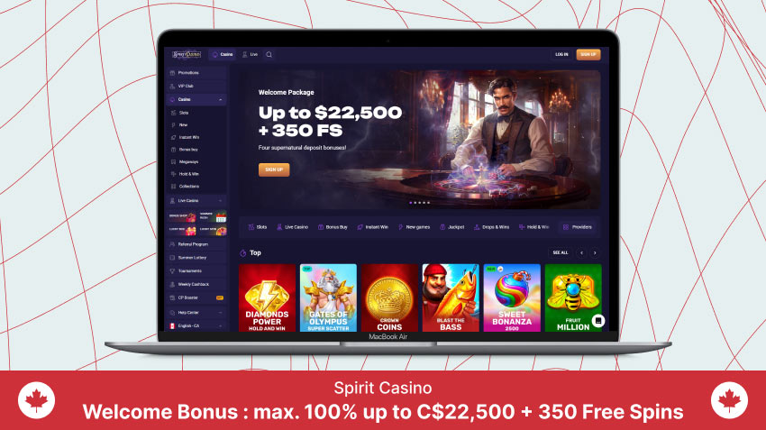 Spirit Casino homepage on a laptop screen