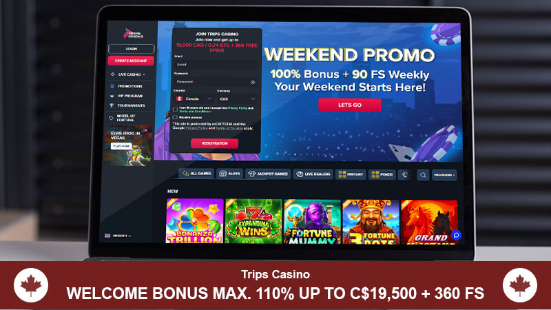 Trips Casino main page with a welcome bonus banner