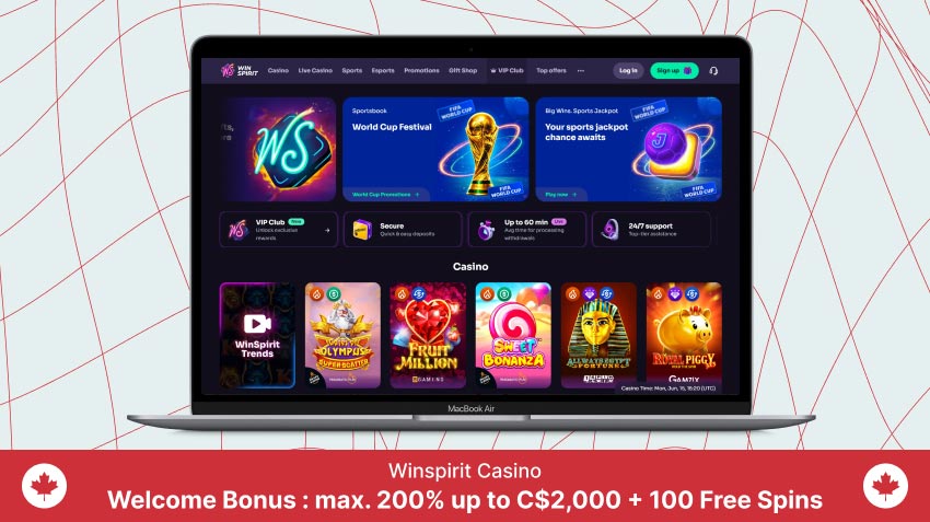 Winspirit Casino homepage on a laptop screen