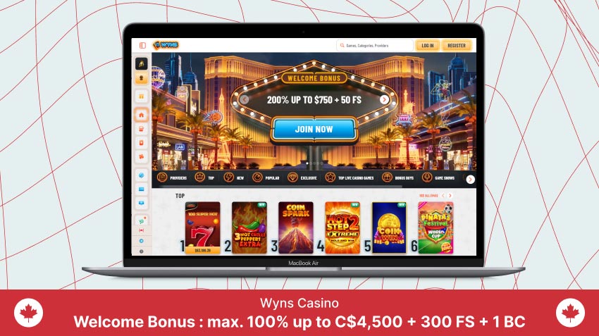 Wyns Casino homepage on a laptop screen