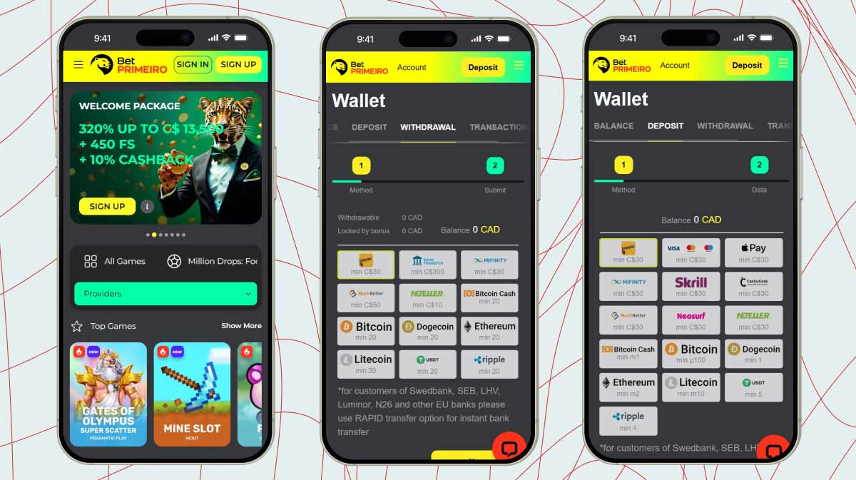 Mobile screenshots of BetPrimeiro Casino