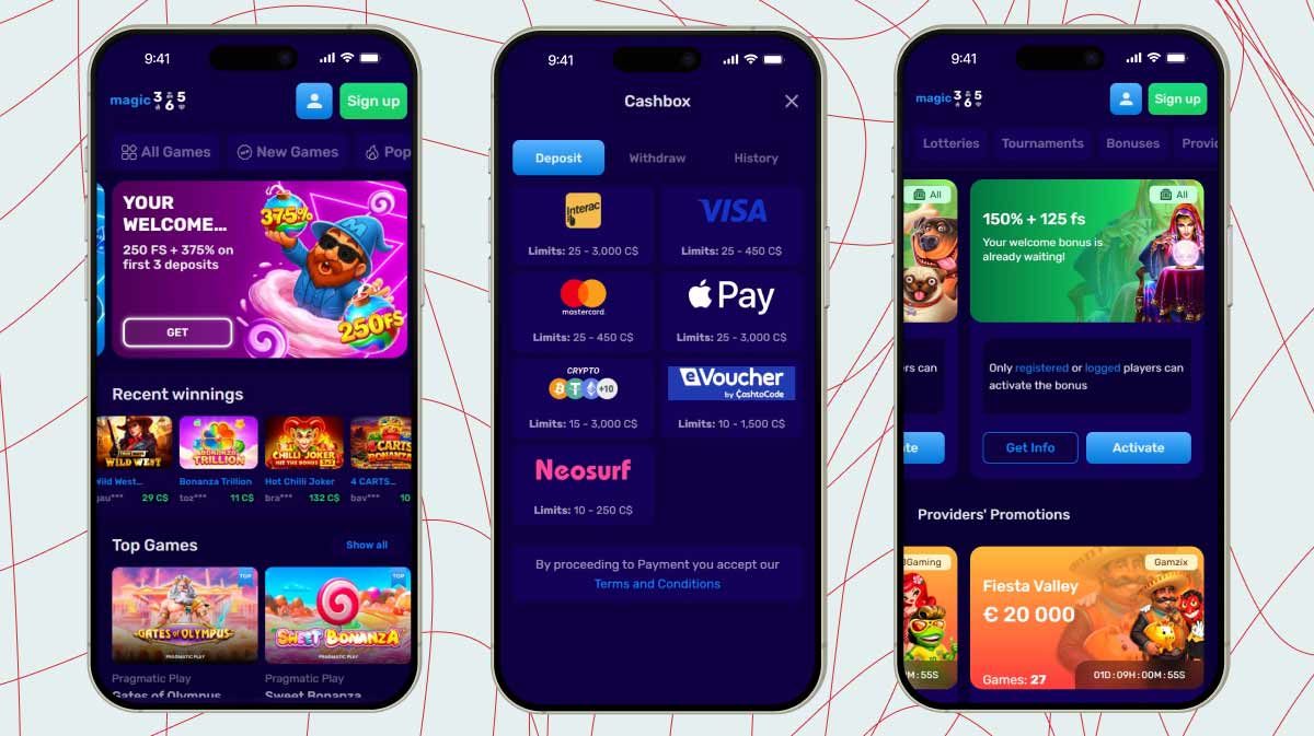 Mobile screenshots of Magic365 Casino