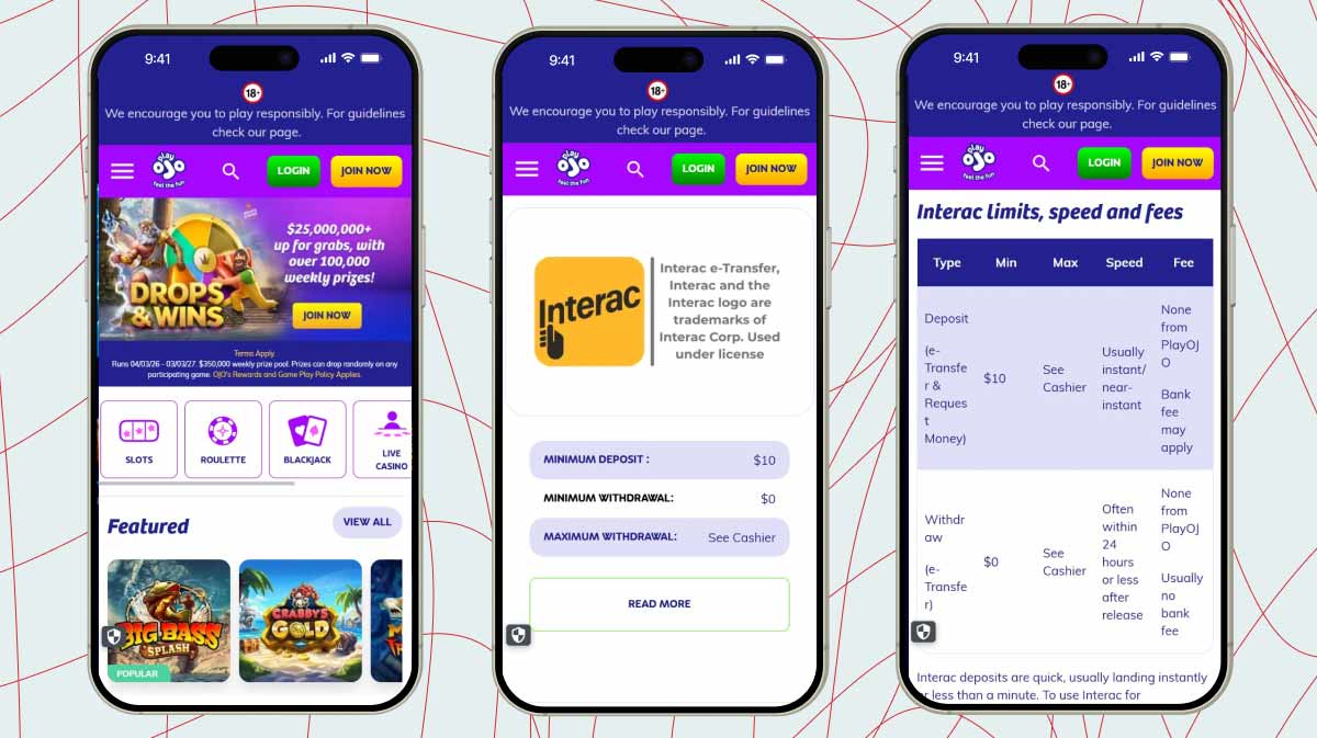 Mobile screenshots of PlayOJO Casino
