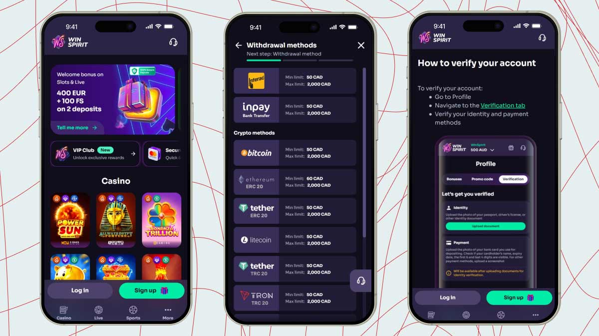 Mobile screenshots of Winspirit Casino