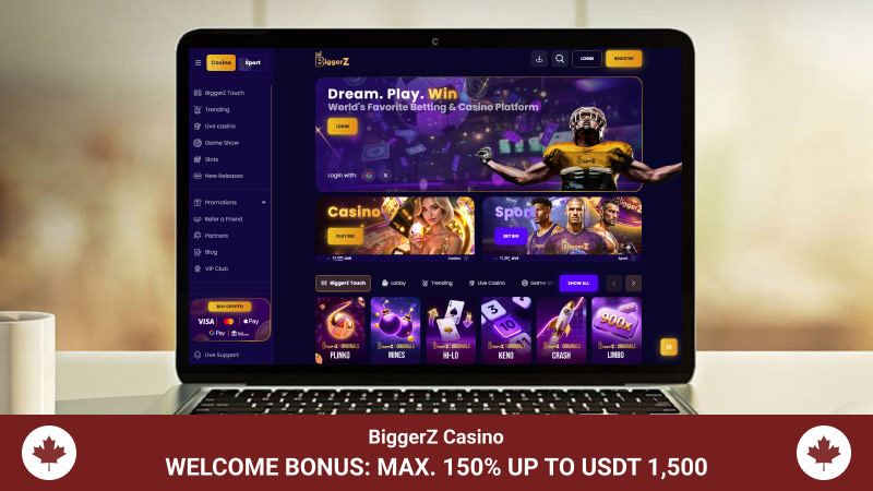 Laptop screen with BiggerZ Casino screenshot