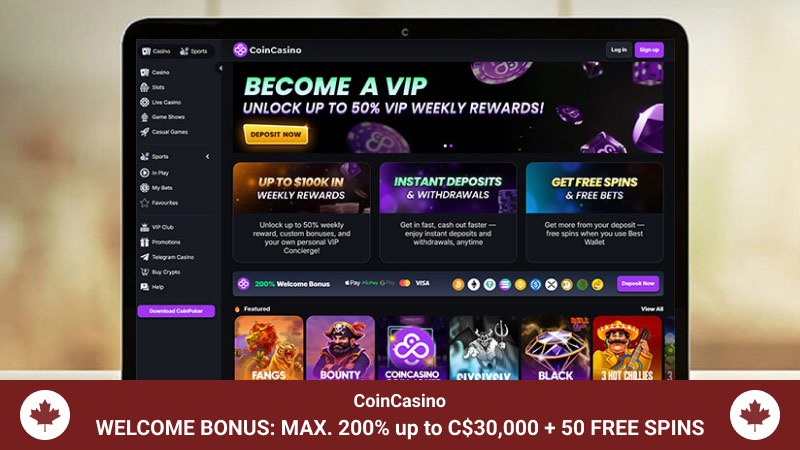 Laptop screen with CoinCasino screenshot