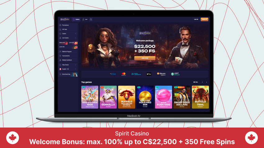 Laptop screen with Spirit Casino screenshot