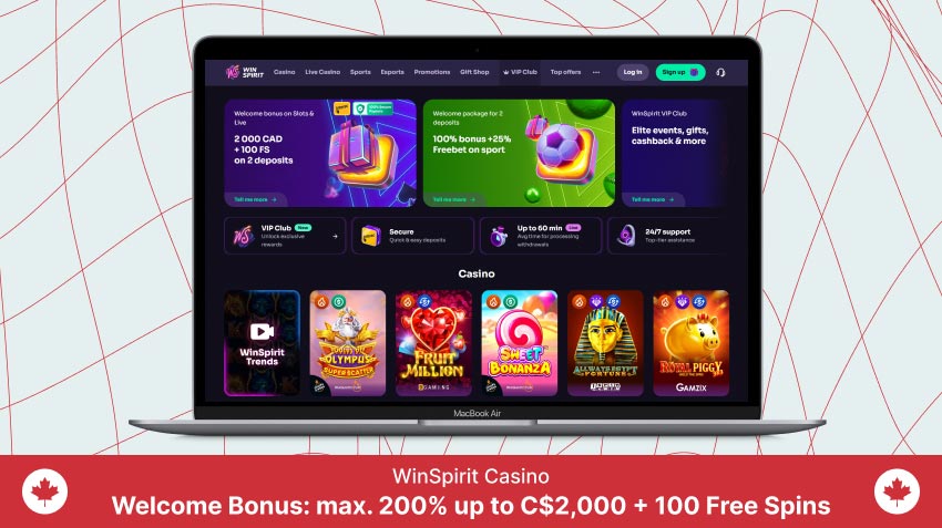 Laptop screen with Winspirit Casino screenshot