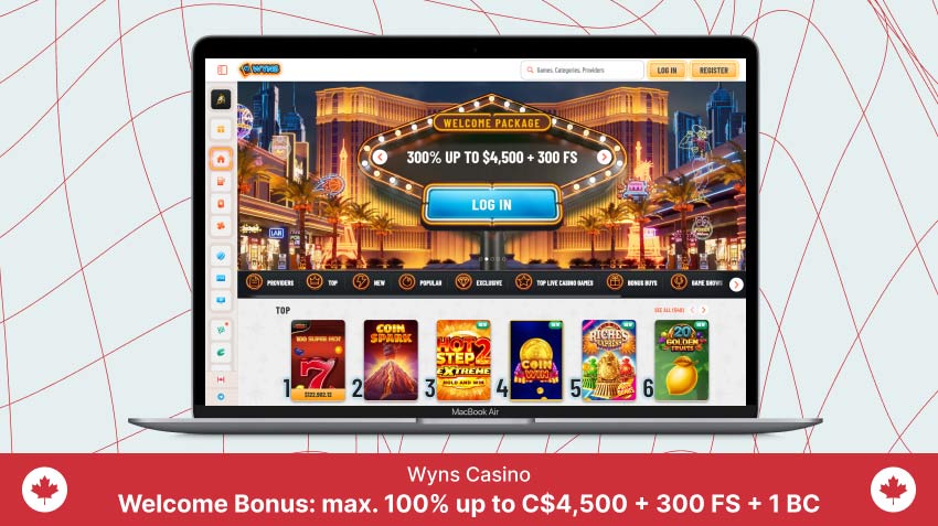 Laptop screen with Wyns Casino screenshot