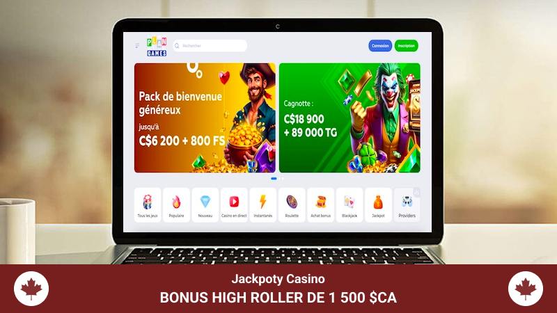 Page principale et bonus high roller du casino Jackpoty