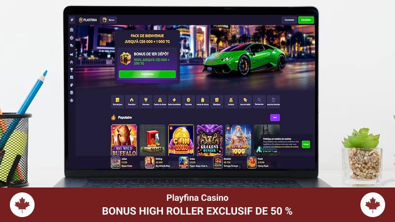 Page principale et bonus high roller du casino Playfina
