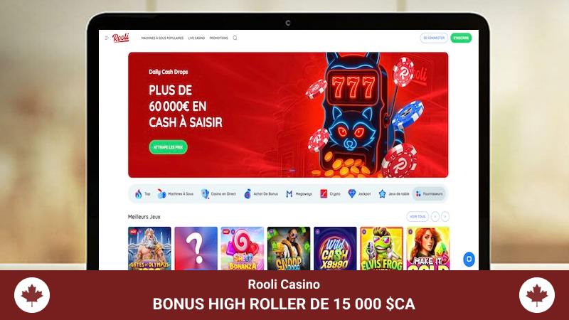 Page principale et bonus high roller du casino Rooli