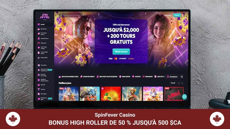 Page principale et bonus high roller du casino SpinFever