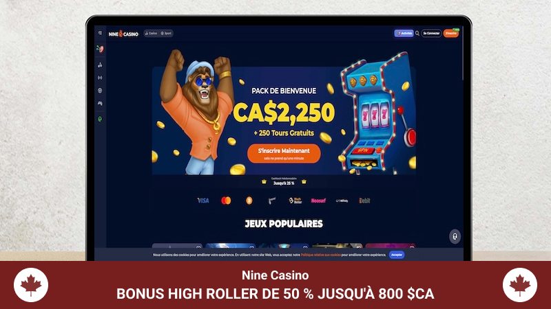Page principale et bonus high roller du casino Nine