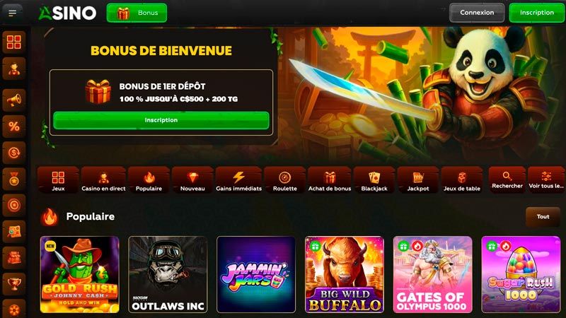 Page d'accueil Asino Casino affichant le bonus de 1er dépôt et les machines à sous vedettes