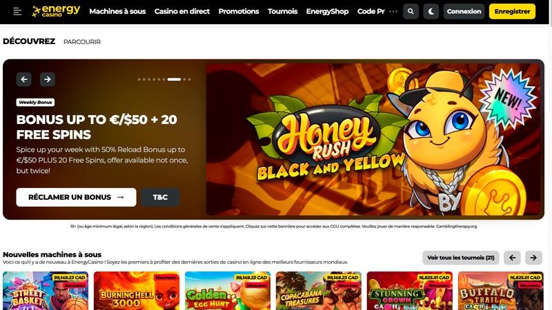 Accueil Energy Casino avec bonus hebdomadaire et nouvelles machines à sous en ligne