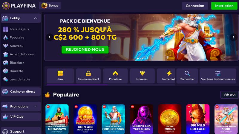 Lobby Playfina Casino avec pack de bienvenue 280 % et machines à sous populaires