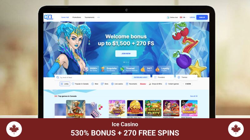 ice casino main page with welcome package bonus footer