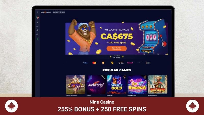 Nine casino main page with welcome package bonus footer