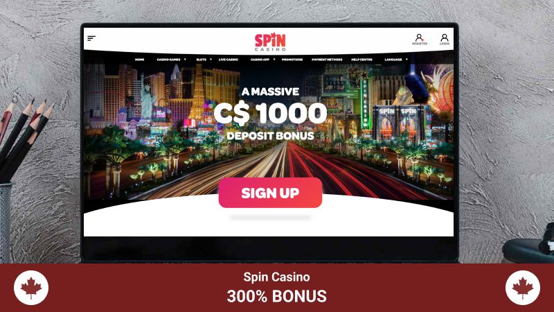 spin c asino main page with welcome package bonus footer