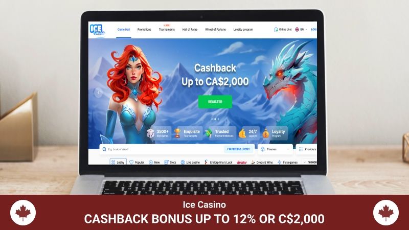 ICE Casino promo page with cashback bonus footer