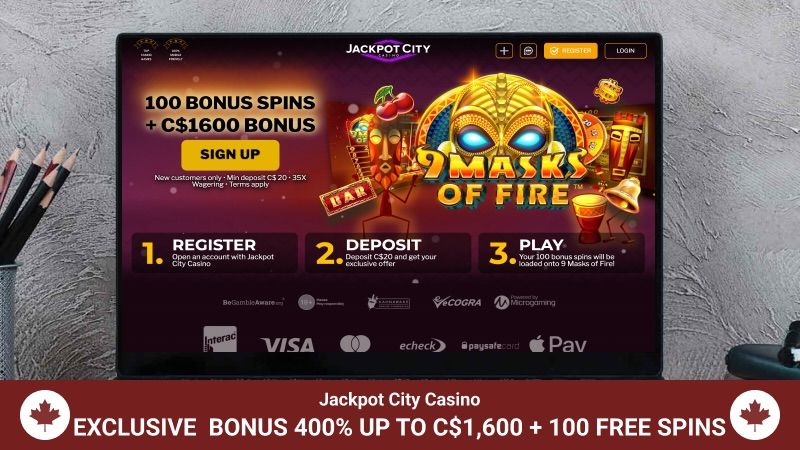 Jackpot City Casino page with exclusive welcome package bonus footer