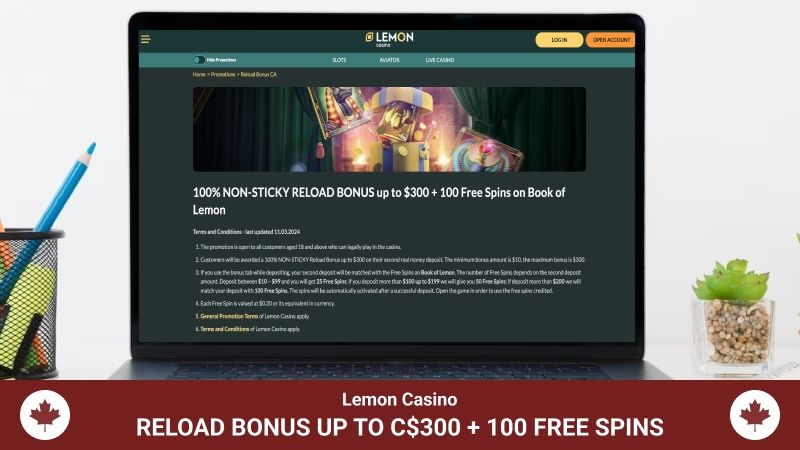 lemon casino promo page with reload bonus footer