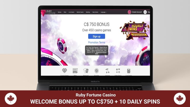 Ruby Fortune Casino page with welcome package bonus footer