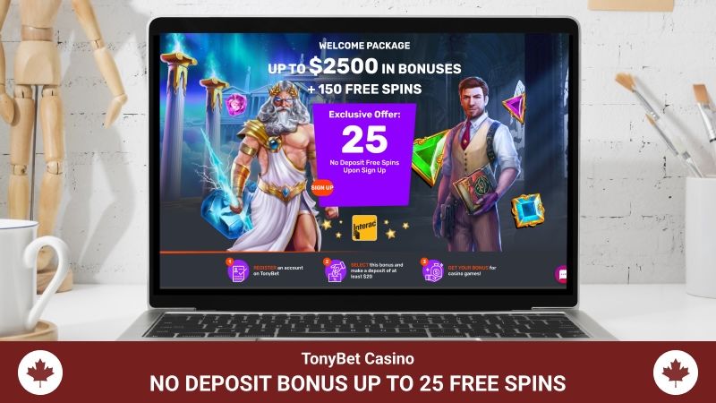 TonyBet casino promo page with no deposit bonus footer