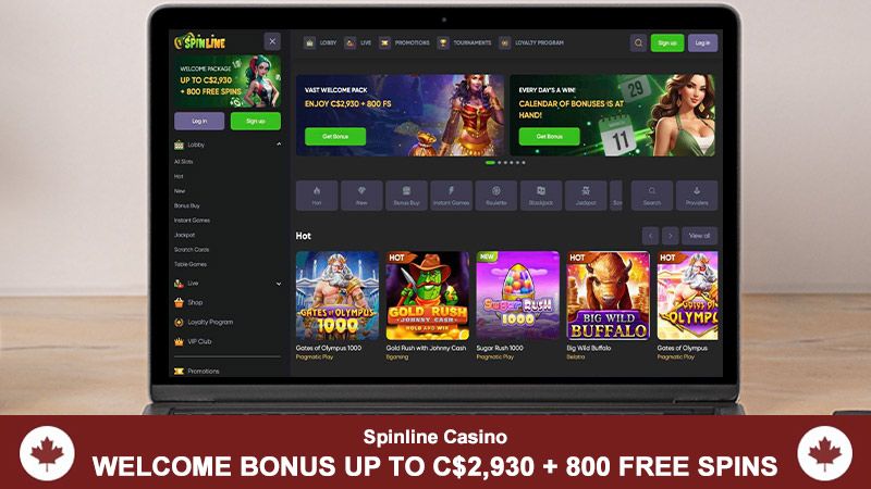 Spinline casino main page on computer screen