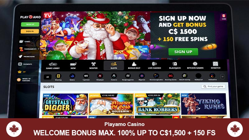 PlayAmo casino main page on computer screen