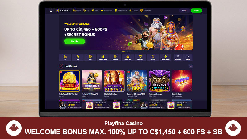 Playfina casino main page on computer screen