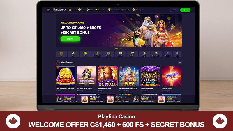 Playfina casino main page on computer screen