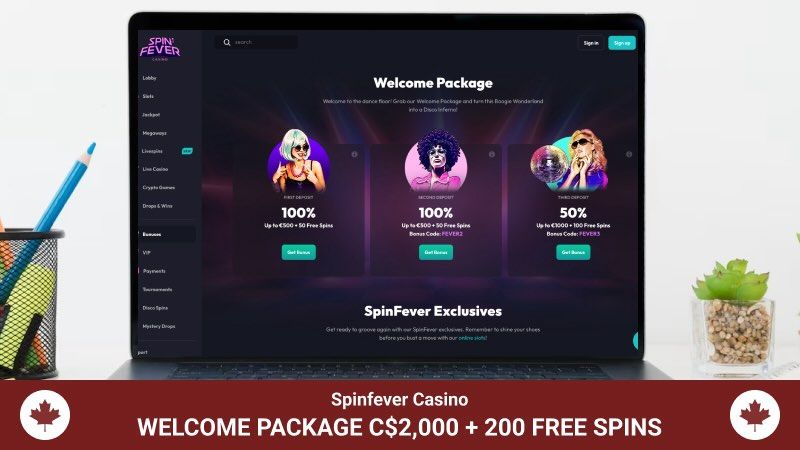 SpinFever casino main page on computer screen