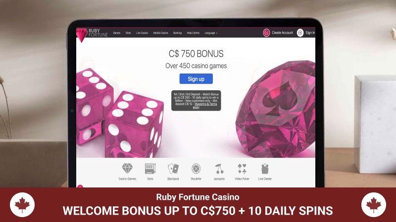 Tablet screen with Ruby Fortune Casino