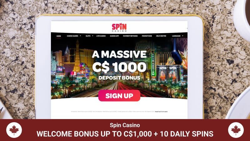 Tablet screen with Spin Casino