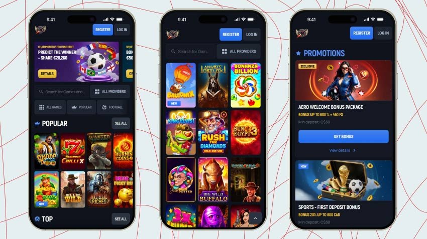 Mobile screenshots of Aerobet Casino