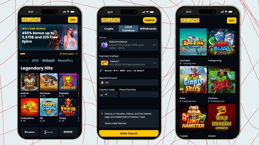 Mobile screenshots of Snatch Casino