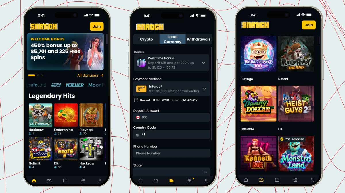 Mobile screenshots of Snatch Casino