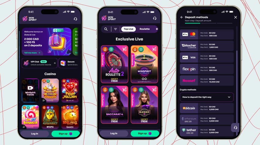 Mobile screenshots of Winspirit Casino
