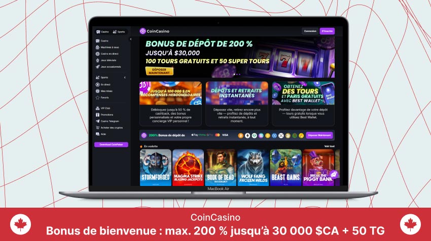 Page d'accueil du CoinCasino sur un écran d'ordinateur portable