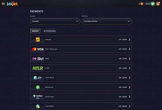 LolaJack Casino - Deposit payments