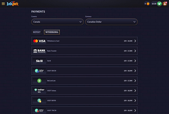 LolaJack Casino - Withdraw payments