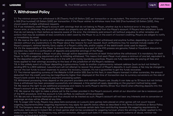 Lussurio Casino - Withdrawal policy