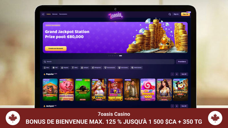 Page d'accueil du Casino 7oasis sur un écran d'ordinateur portable