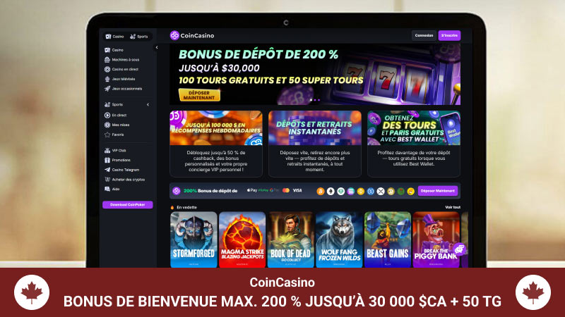 Page d'accueil du CoinCasino sur un écran d'ordinateur portable
